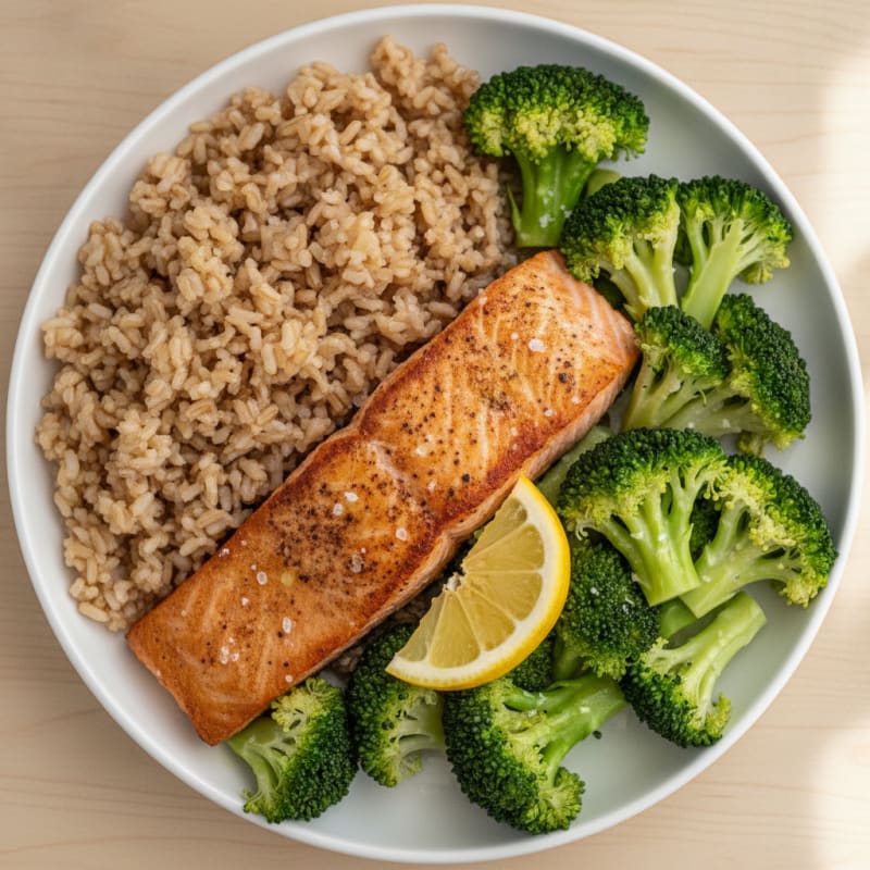 Seared Salmon with Steamed Broccoli and Brown Rice