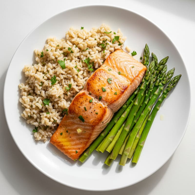 Seared Salmon with Steamed Asparagus and Herbed Brown Rice