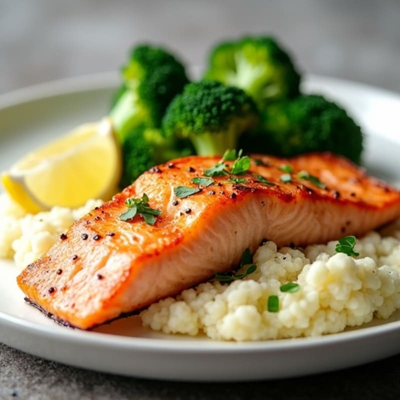 Seared Salmon with Steamed Broccoli and Garlic Cauliflower Mash
