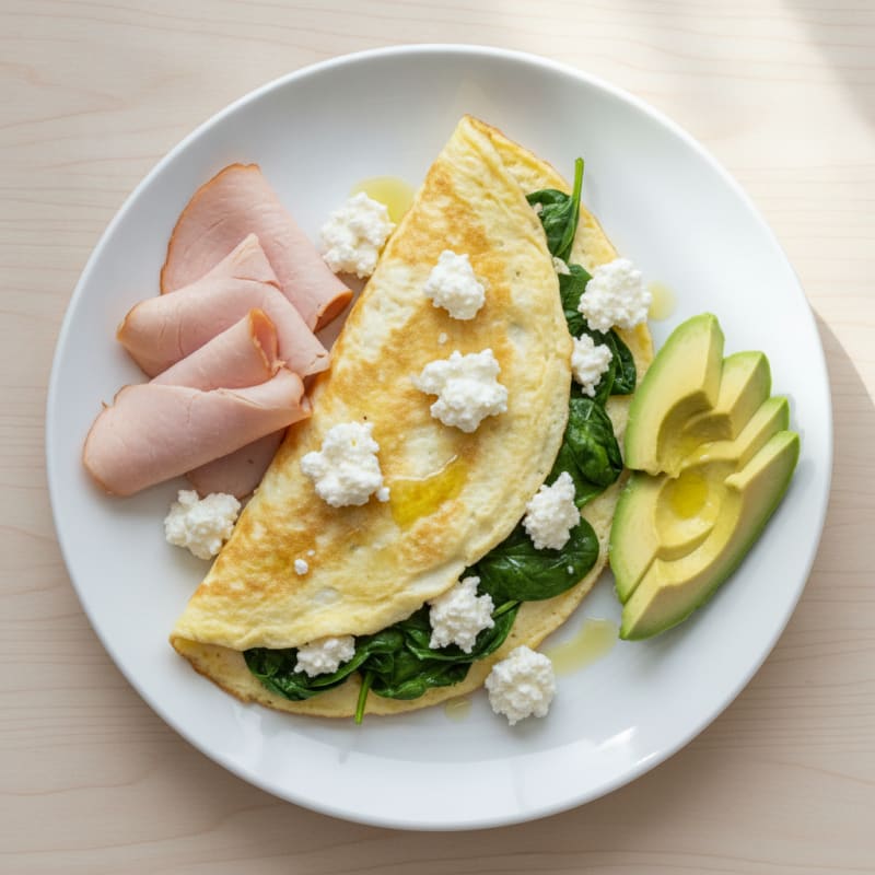 Egg White Spinach Omelette with Cottage Cheese and Sliced Turkey