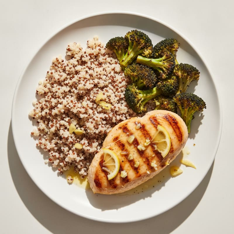 Grilled Lemon-Garlic Chicken Breast with Quinoa and Roasted Broccoli