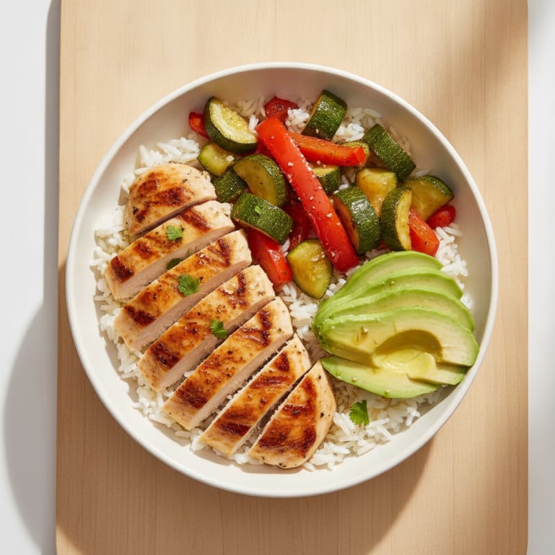 Grilled Chicken and Avocado Rice Bowl with Roasted Vegetables