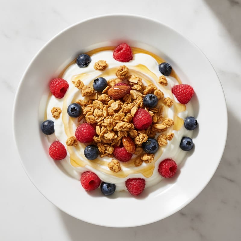 Greek Yogurt Parfait with Crunchy Almond Granola and Fresh Berries