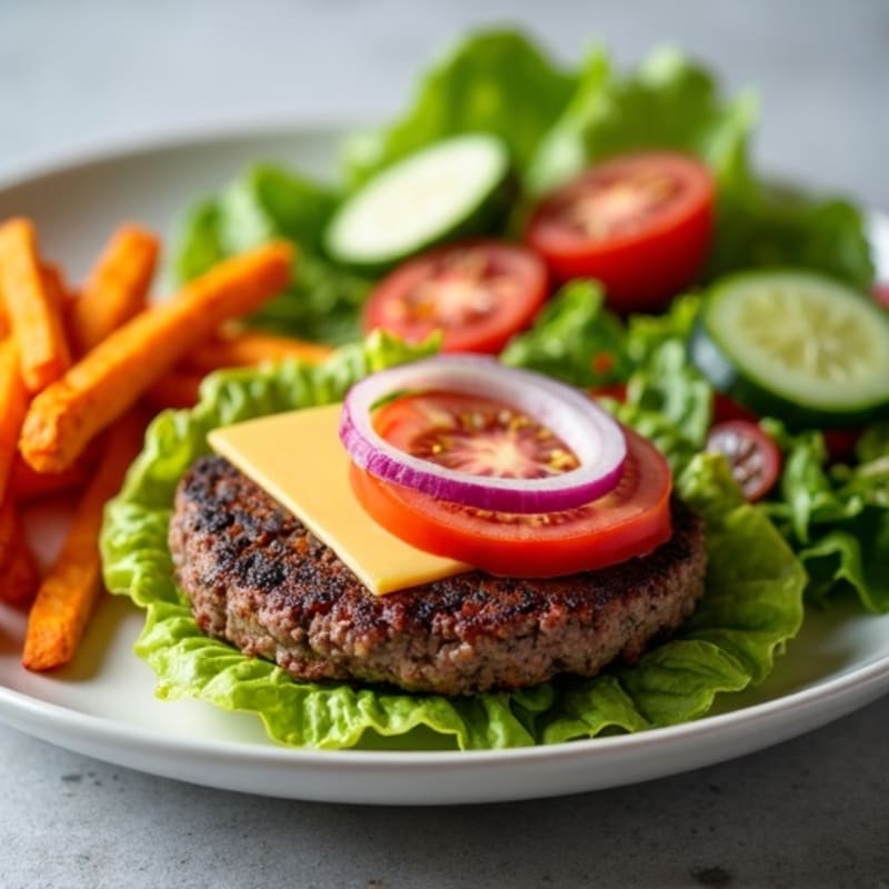 Lean Beef Burger with Crispy Sweet Potato Fries and Fresh Garden Salad