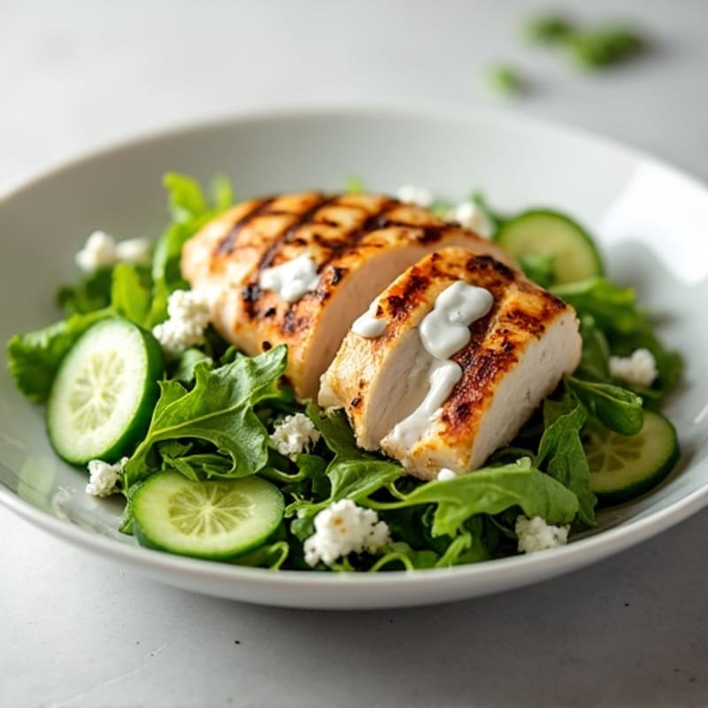 Grilled Chicken Breast Salad with Mixed Greens and Cucumber