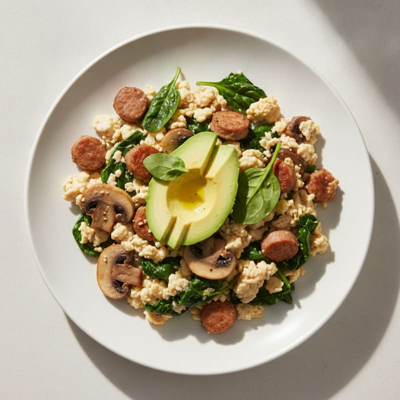 Egg White and Turkey Sausage Scramble with Spinach and Sautéed Mushrooms