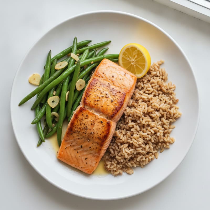 Seared Salmon with Garlic Green Beans and Brown Rice