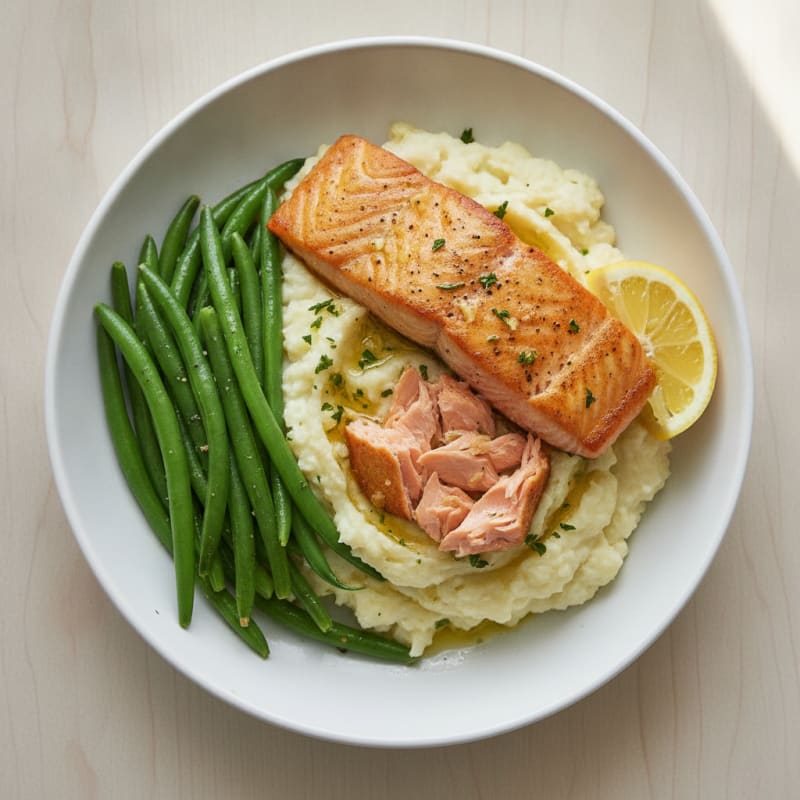 Seared Salmon Fillet with Steamed Green Beans and Garlic Mashed Cauliflower
