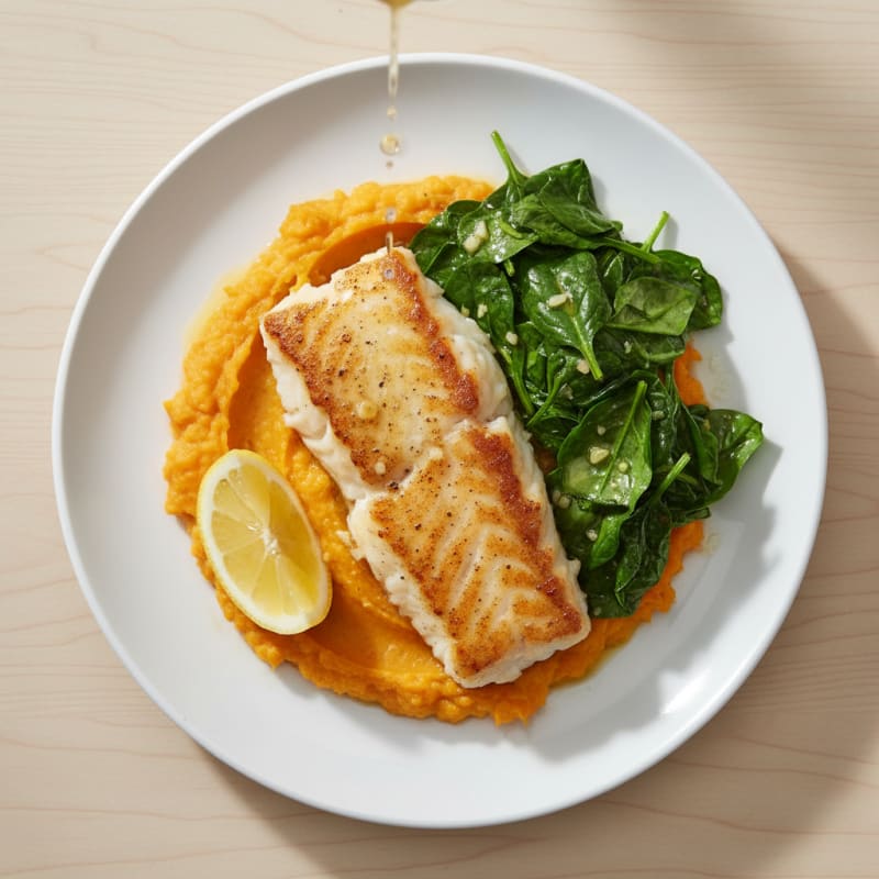 Seared Cod with Spinach and Sweet Potato Mash