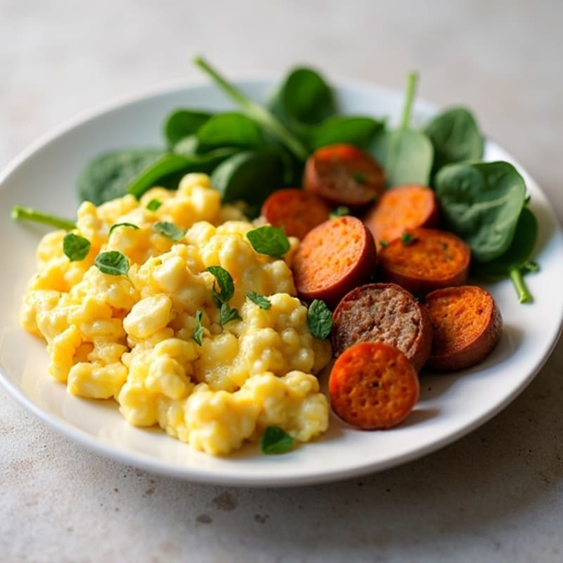 Egg White and Turkey Sausage Scramble with Roasted Sweet Potato