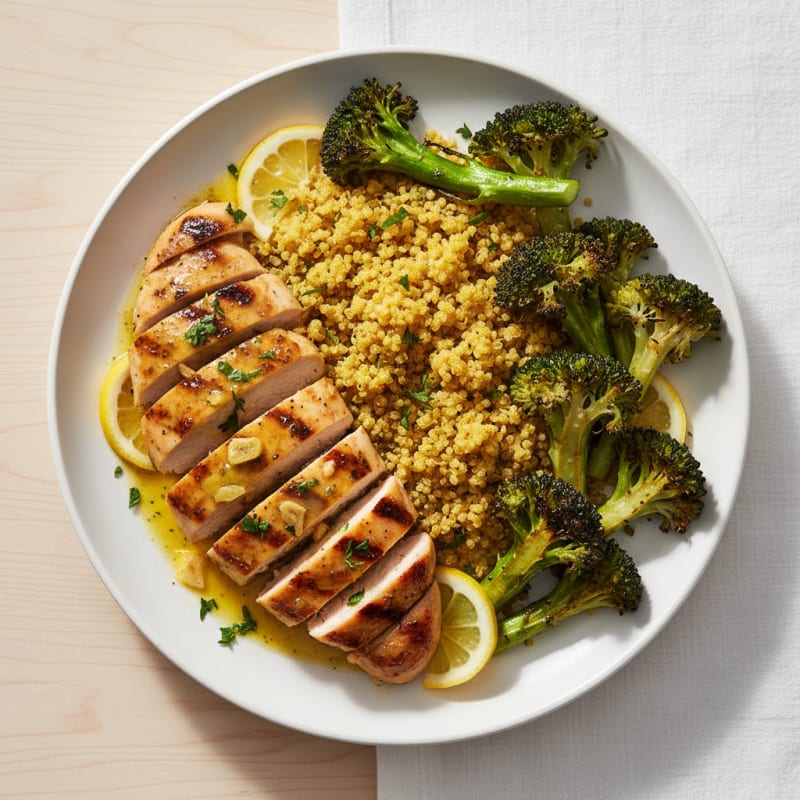 Grilled Lemon-Garlic Chicken Breast with Quinoa and Roasted Broccoli