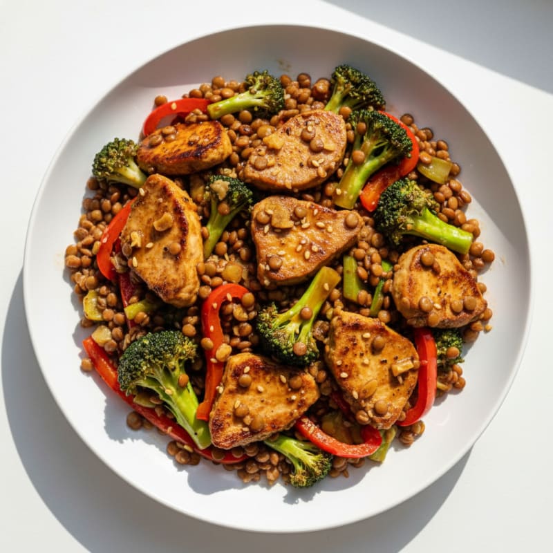 Seared Seitan with Lentil and Vegetable Stir Fry