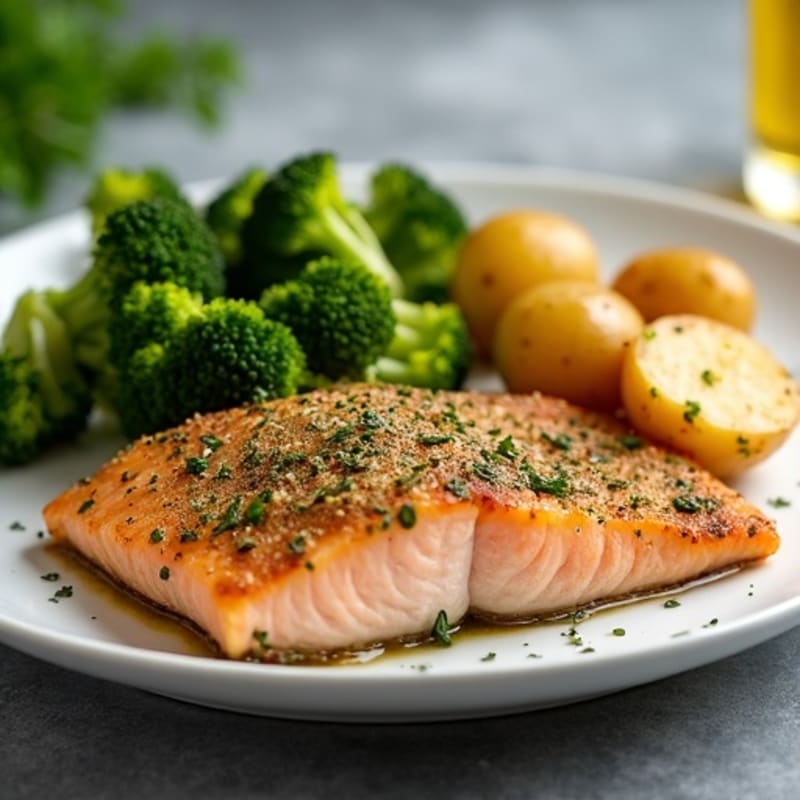 Herb-Crusted Baked Salmon with Crispy Potatoes and Roasted Broccoli