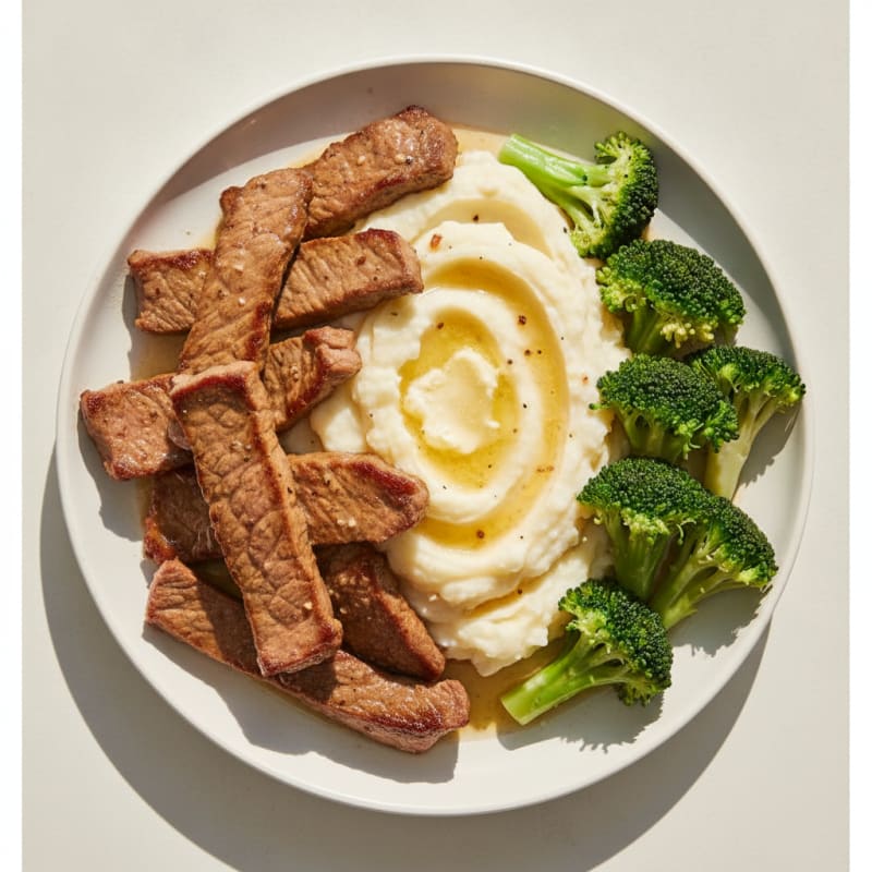 Seared Beef Strips with Garlic Mashed Potatoes and Steamed Broccoli