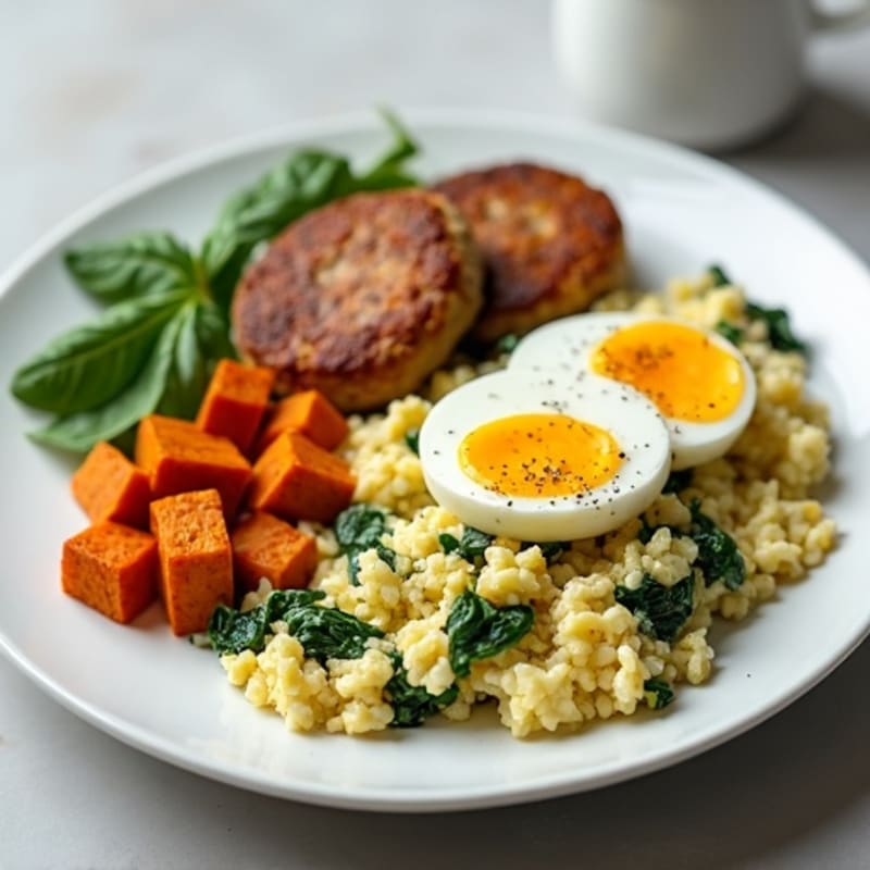 Egg White and Spinach Scramble with Roasted Sweet Potato