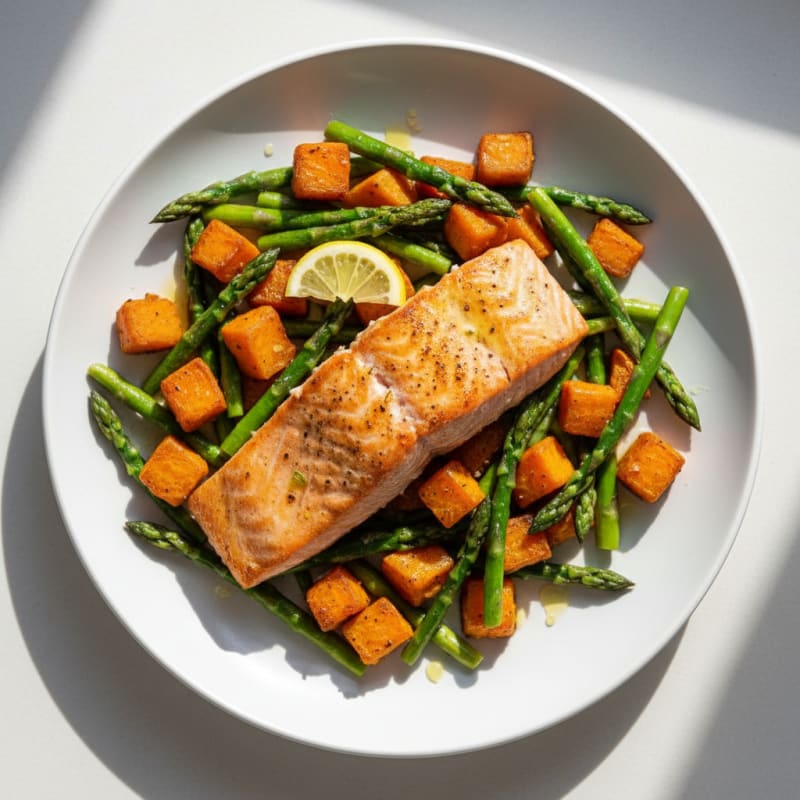 Seared Salmon with Roasted Sweet Potato and Asparagus
