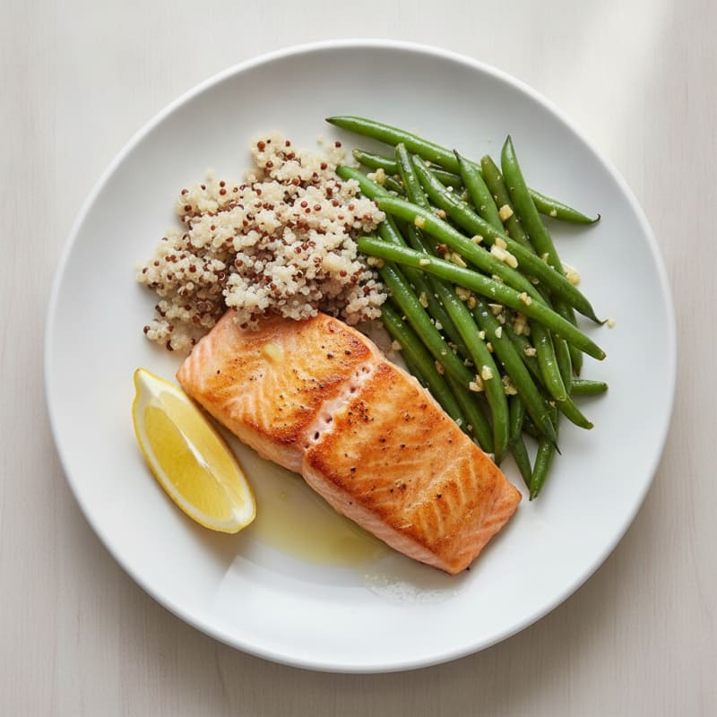 Seared Salmon with Steamed Quinoa and Garlic Green Beans