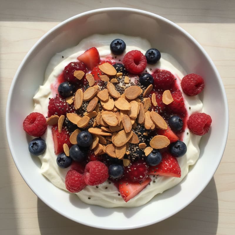 Greek Yogurt Protein Parfait with Mixed Berries and Almonds
