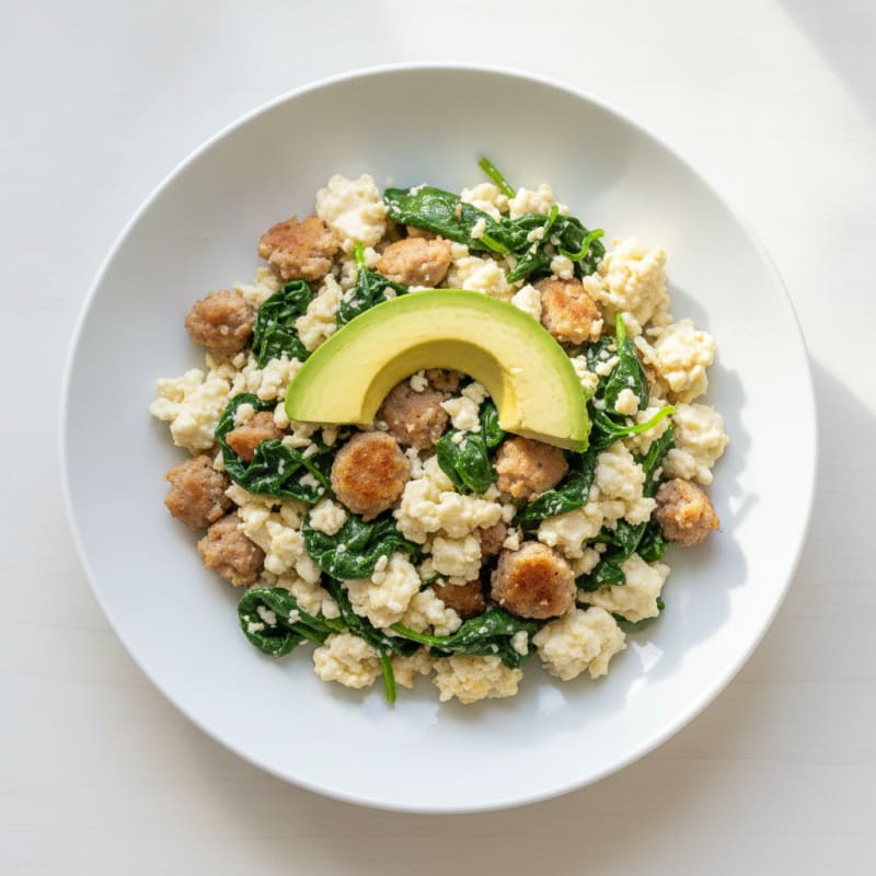 Egg White and Turkey Sausage Scramble with Sautéed Spinach
