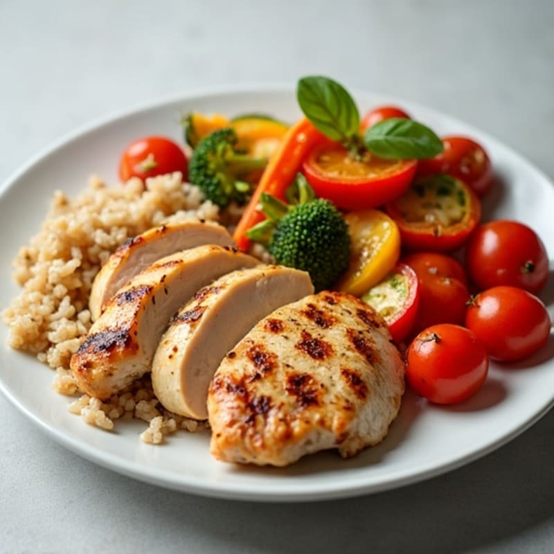 Grilled Chicken with Roasted Mixed Vegetables and Brown Rice