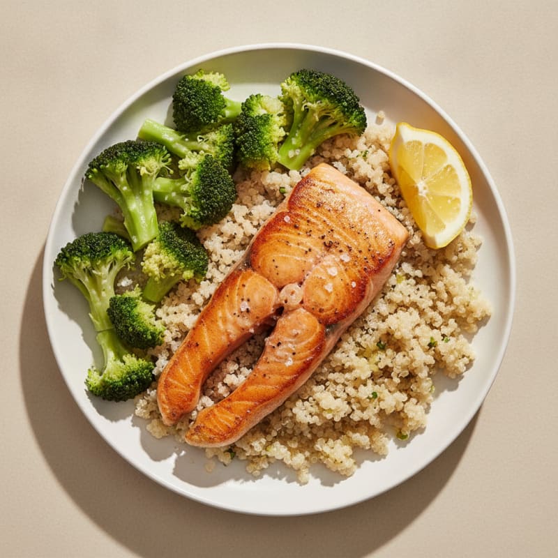 Seared Salmon with Steamed Broccoli and Quinoa