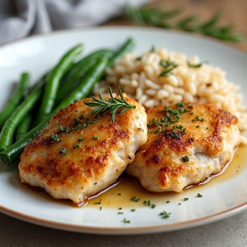 Herb-Roasted Chicken Thighs with Fluffy Brown Rice and Crispy Green Beans