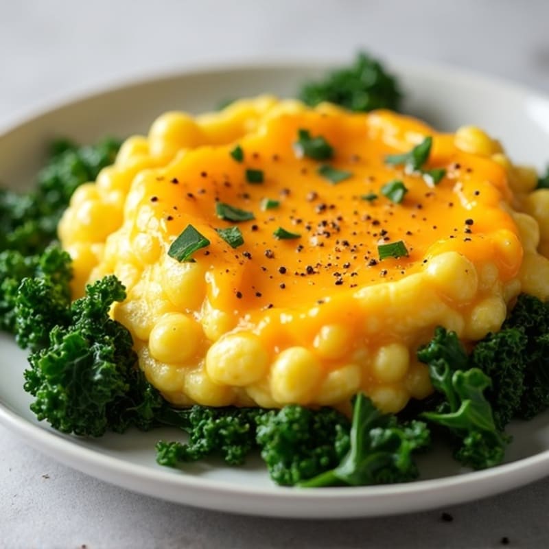 Scrambled Eggs with Cheddar Cheese and Sautéed Kale