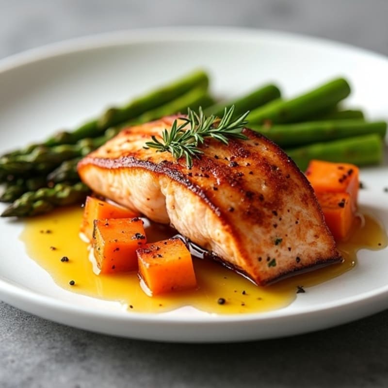 Seared Salmon with Roasted Sweet Potato and Asparagus