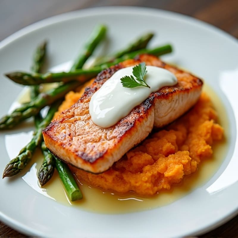 Seared Salmon with Roasted Asparagus and Sweet Potato Mash