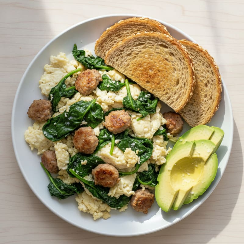 Egg White Spinach Scramble with Turkey Sausage