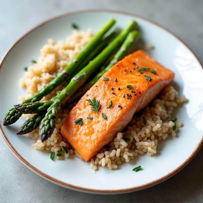 Seared Salmon with Steamed Asparagus and Brown Rice