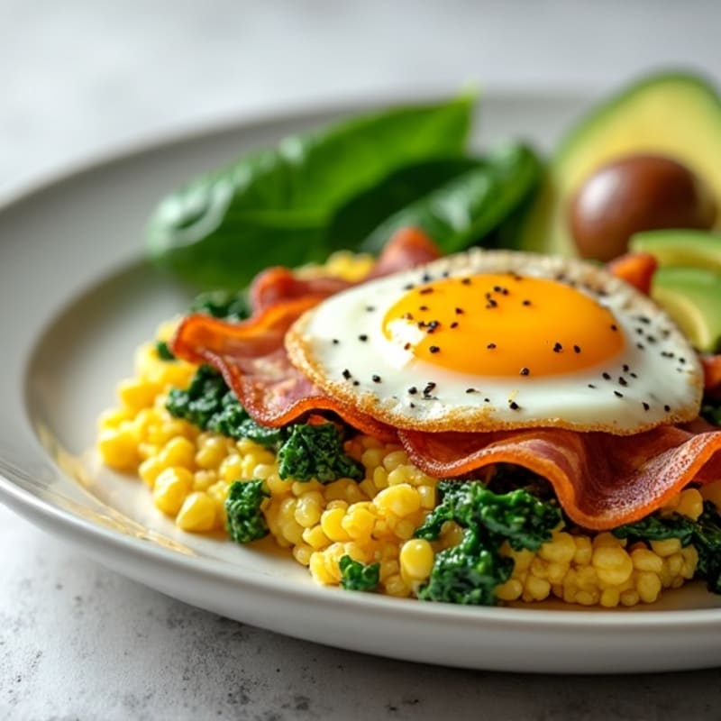Crispy Turkey Bacon Egg White Scramble with Sautéed Spinach