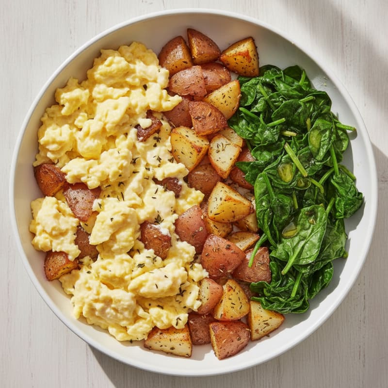 Creamy Scrambled Eggs with Roasted Potatoes and Sautéed Spinach