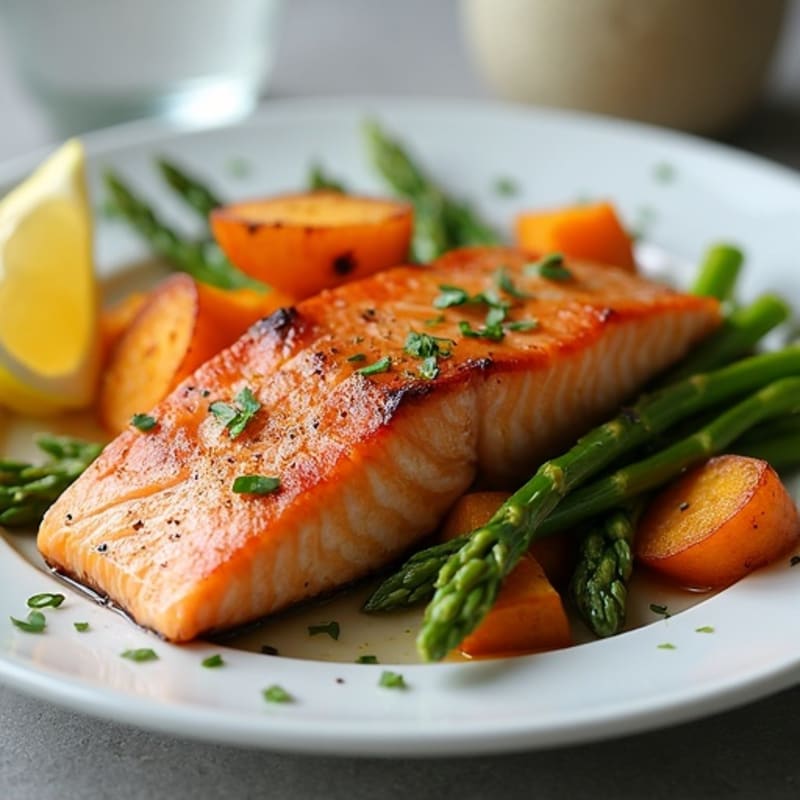 Seared Salmon with Roasted Sweet Potato and Asparagus