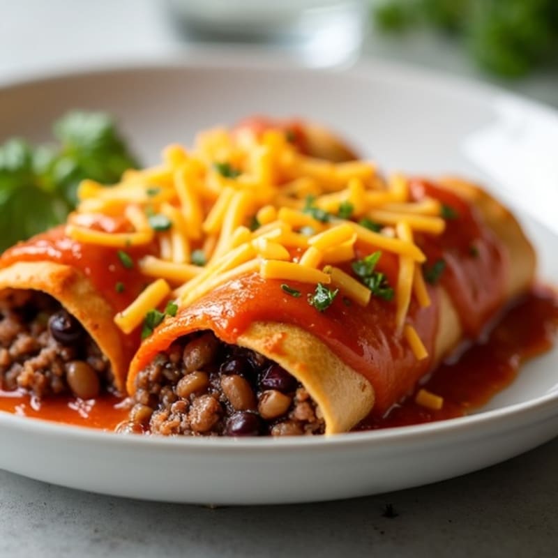 Cheesy Lean Ground Beef and Black Bean Baked Enchiladas