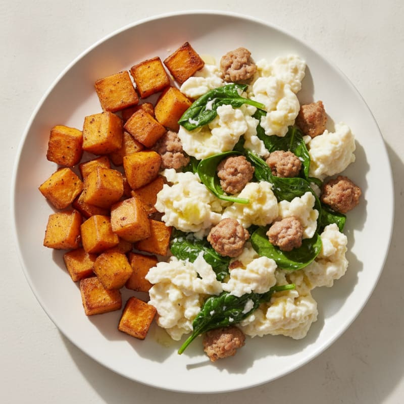 Egg White and Turkey Sausage Scramble with Spinach and Roasted Sweet Potatoes