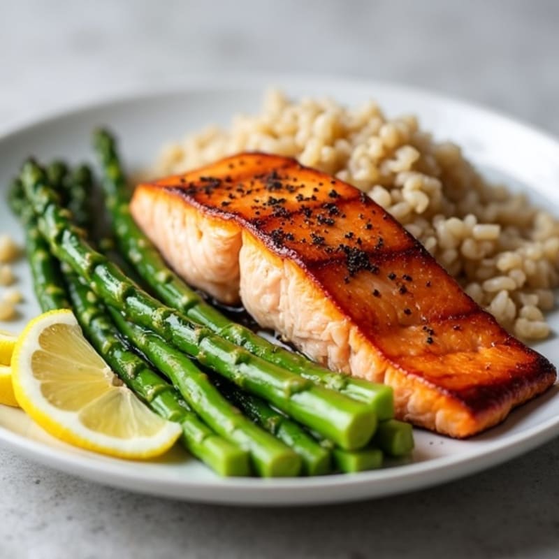 Seared Salmon Fillet with Steamed Asparagus and Brown Rice