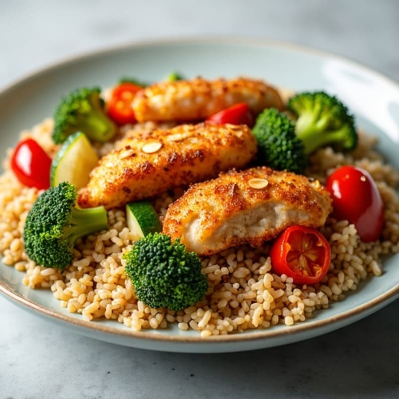 Crispy Chicken and Fresh Vegetable Stir-Fry with Brown Rice