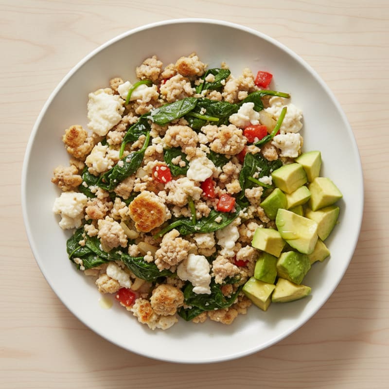 Egg White and Turkey Sausage Scramble with Sautéed Spinach