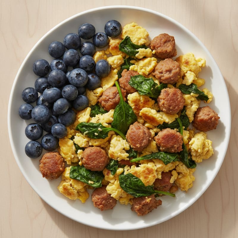 Scrambled Eggs with Sautéed Spinach and Turkey Sausage
