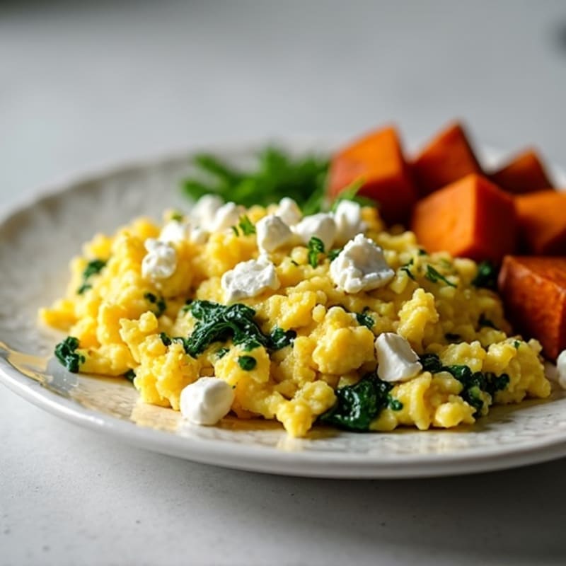 Fluffy Scrambled Eggs with Fresh Spinach and Roasted Sweet Potatoes
