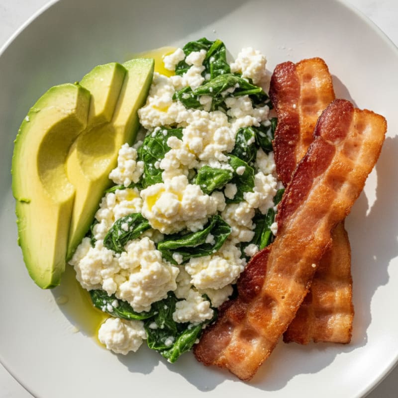 Cottage Cheese and Egg White Scramble with Spinach and Turkey Bacon