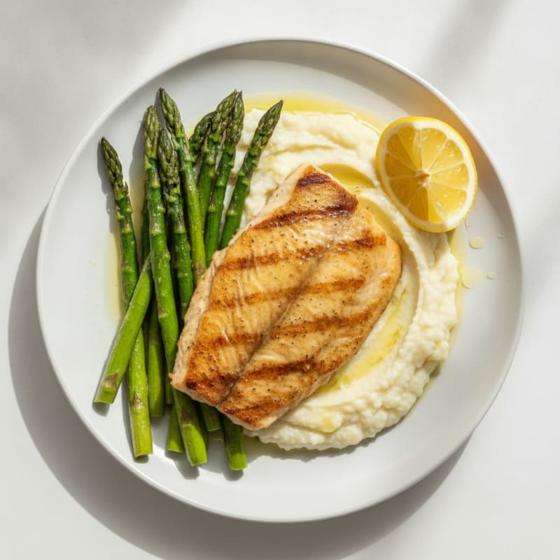 Seared Tilapia with Roasted Asparagus and Cauliflower Mash