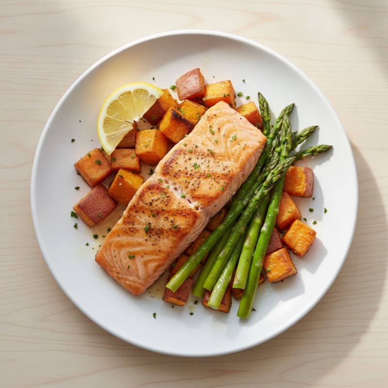 Seared Salmon Fillet with Roasted Sweet Potato and Asparagus