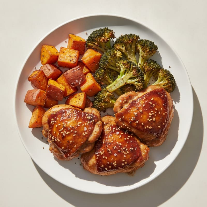Soyaki Chicken Thighs with Roasted Sweet Potatoes and Broccoli