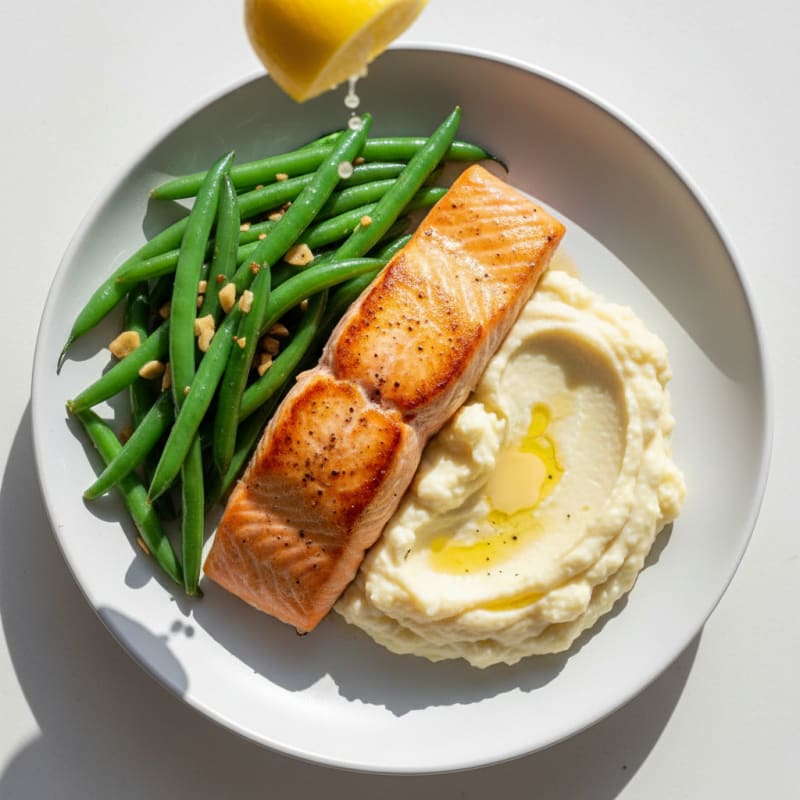 Seared Salmon with Garlic Green Beans and Cauliflower Mash