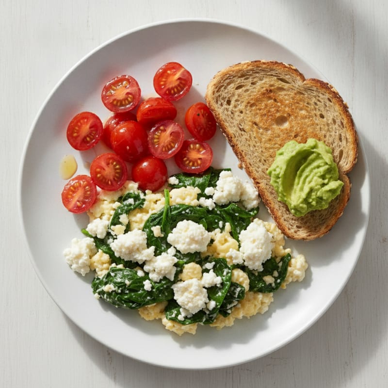 Egg White and Spinach Scramble with Cottage Cheese and Cherry Tomatoes