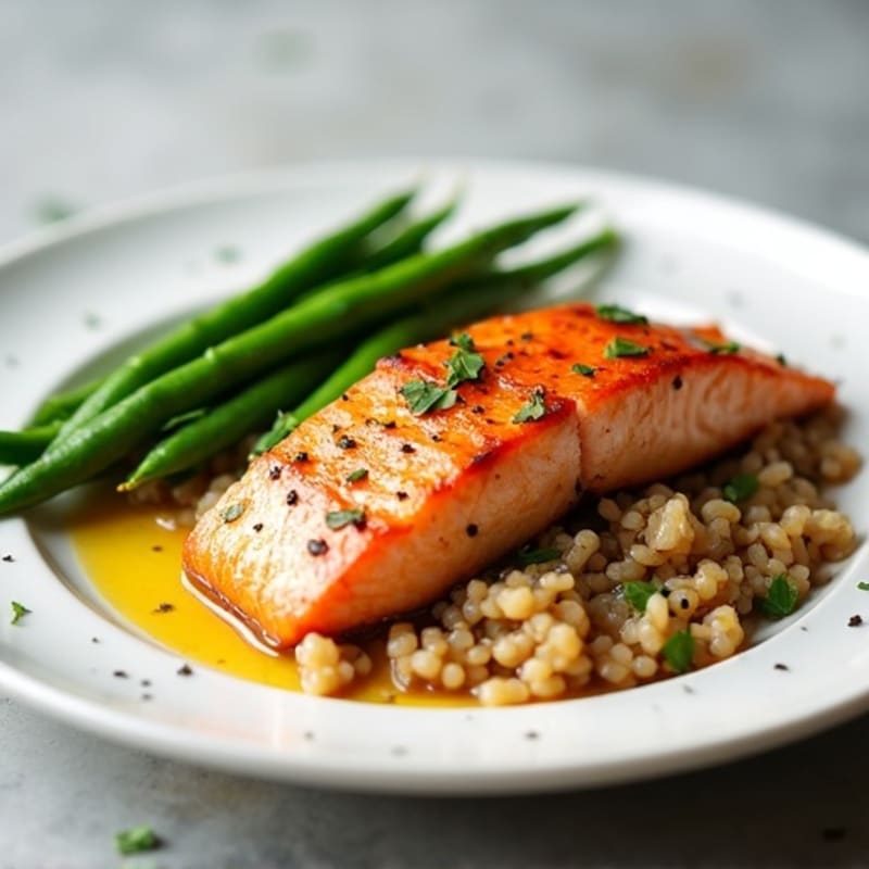 Seared Salmon with Garlic Green Beans and Brown Rice