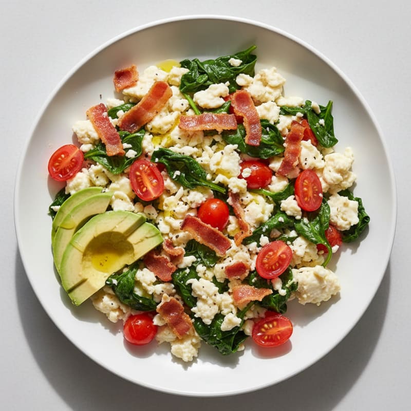 Crispy Turkey Bacon Egg White Scramble with Spinach and Tomato