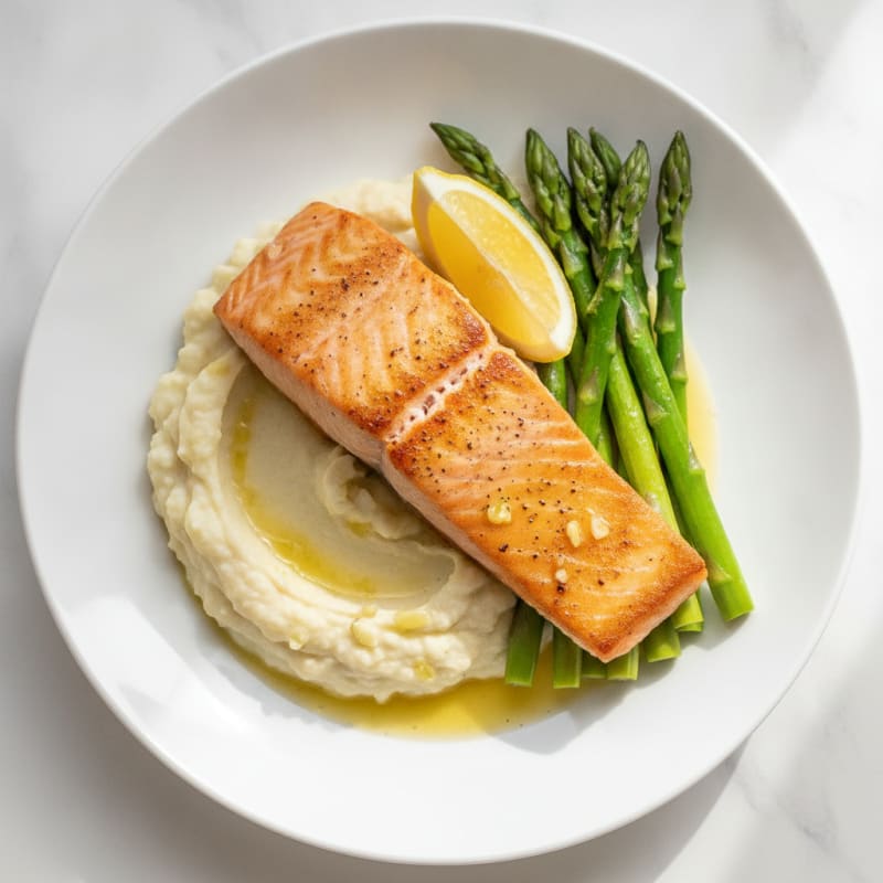 Seared Salmon Fillet with Steamed Asparagus and Cauliflower Mash